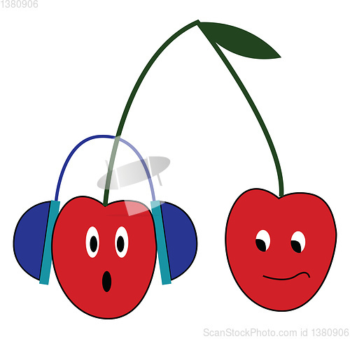 Image of As two cherry fruits hang from a branch the one with headphones 