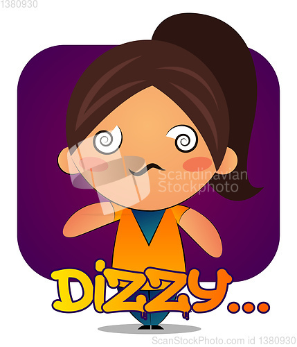 Image of Girl with brown ponytail is dizzy, illustration, vector on white