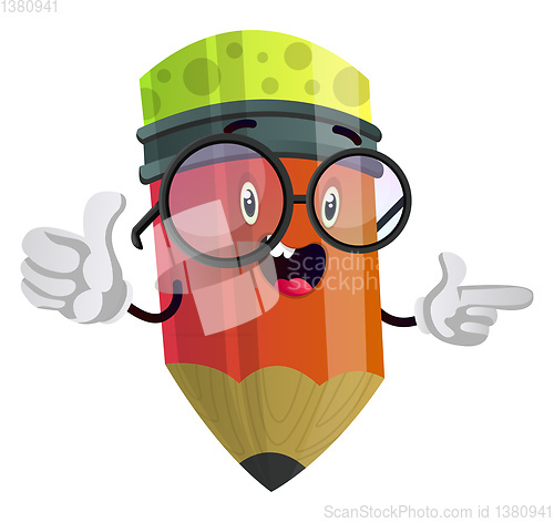 Image of Red pencil is holding thumbs up and pointing at something illust