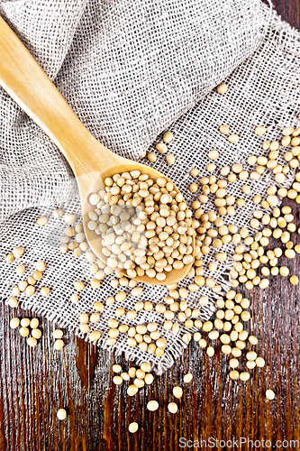 Image of Soybeans in spoon on dark board top