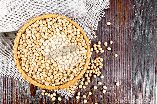 Image of Soybeans in wicker bowl on board top