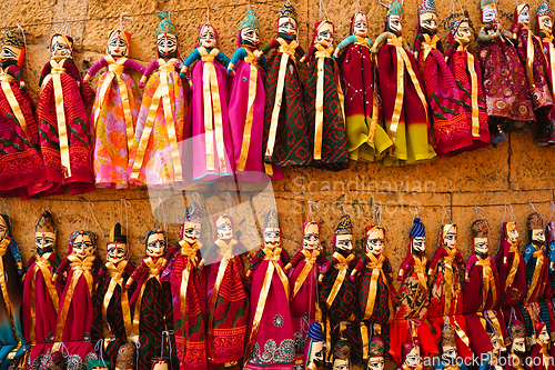 Image of Traditional Rajasthani puppets for sale in Jaisalmer, Rajasthan, India.