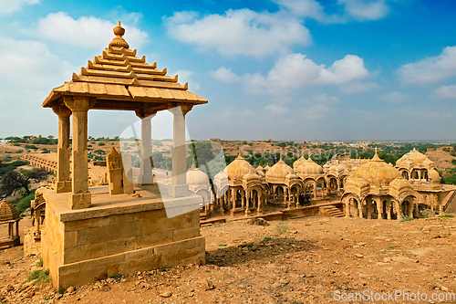 Image of Bada Bagh cenotaphs Hindu tomb mausoleum . Jaisalmer, Rajasthan, India