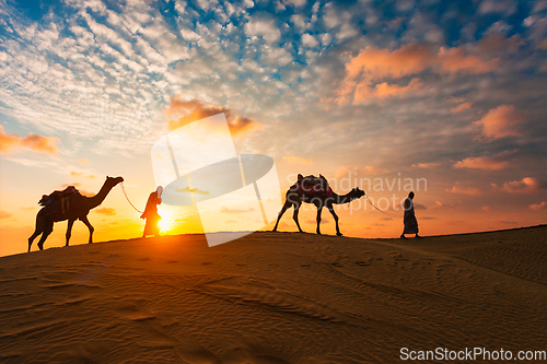 Image of Indian cameleers camel driver with camel silhouettes in dunes on sunset. Jaisalmer, Rajasthan, India