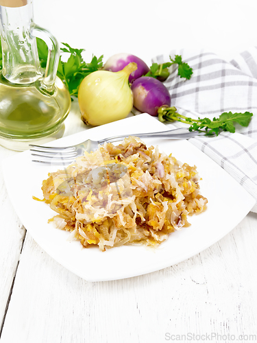 Image of Turnip fried in plate on table