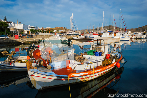 Image of Fishing boats in port of Naousa. Paros lsland, Greece