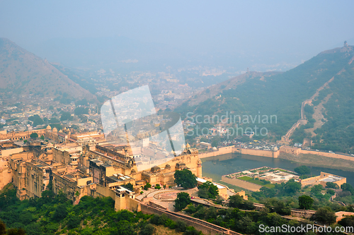 Image of View of Amer Amber fort and Maota lake, Rajasthan, India