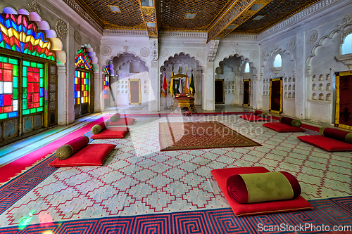 Image of Moti Mahal The Pearl Palace court room in Mehrangarh Fort, Jodhpur, Rajasthan, India