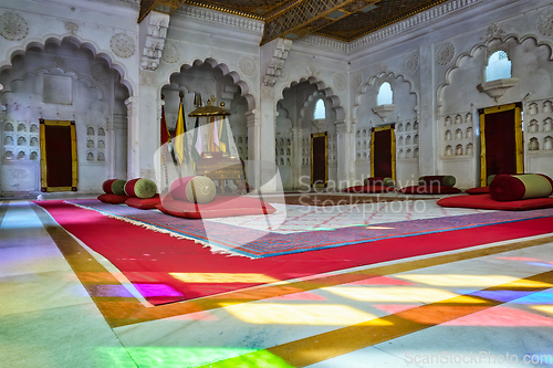 Image of Moti Mahal The Pearl Palace court room in Mehrangarh Fort, Jodhpur, Rajasthan, India