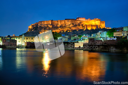 Image of Mehrangarh fort in twilight. Jodhpur, India