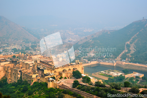 Image of View of Amer Amber fort and Maota lake, Rajasthan, India