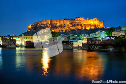 Image of Mehrangarh fort in twilight. Jodhpur, India