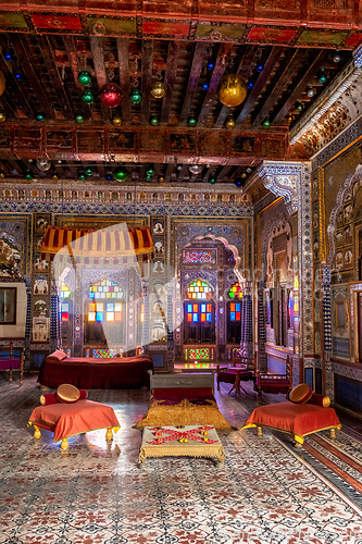 Image of Takhat Vilas Maharaja Takhat Singh's Chamber room in Mehrangarh fort. Jodhpur, Rajasthan, India