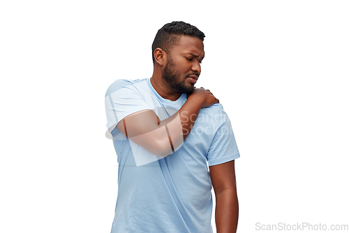 Image of african american man suffering from shoulder pain