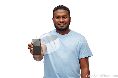 Image of happy african american man with smartphone