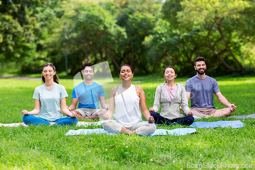 Image of group of happy people doing yoga at summer park