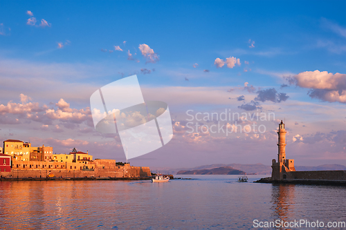 Image of Boat in picturesque old port of Chania, Crete island. Greece