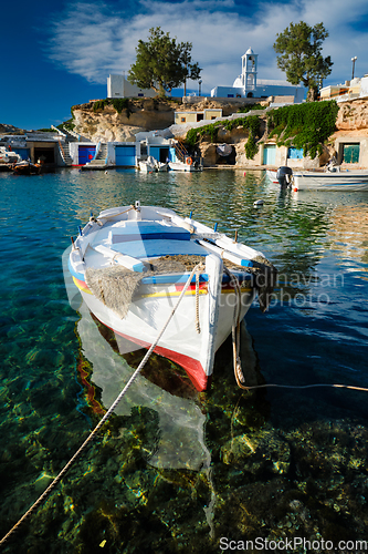 Image of Fishing boars in harbour in fishing village of Mandrakia, Milos island, Greece