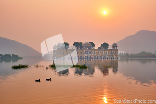 Image of Tranquil morning at Jal Mahal Water Palace at sunrise in Jaipur. Rajasthan, India