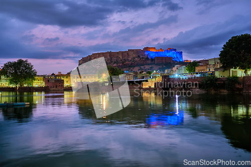 Image of Mehrangarh fort in twilight. Jodhpur, India