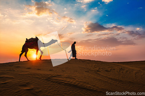 Image of Indian cameleer camel driver with camel silhouettes in dunes on sunset. Jaisalmer, Rajasthan, India