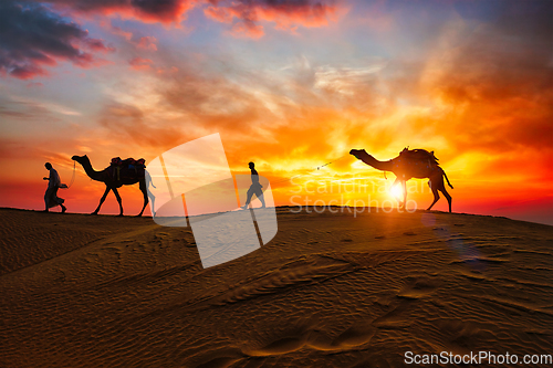 Image of Indian cameleers camel driver with camel silhouettes in dunes on sunset. Jaisalmer, Rajasthan, India