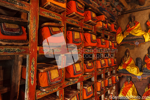 Image of Folios of old manuscripts in library of Thiksey Monastery. Ladakh, India