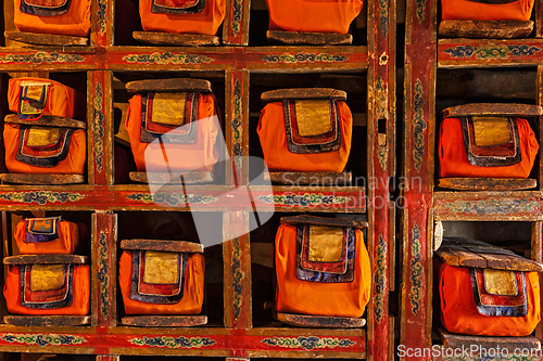 Image of Folios of old manuscripts in library of Thiksey Monastery. Ladakh, India