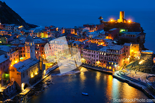 Image of Vernazza village illuminated in the night, Cinque Terre, Liguria, Italy