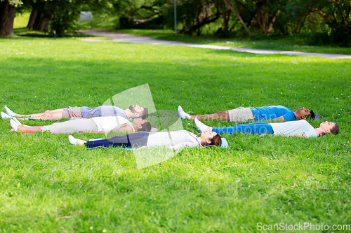 Image of group of people doing yoga at summer park