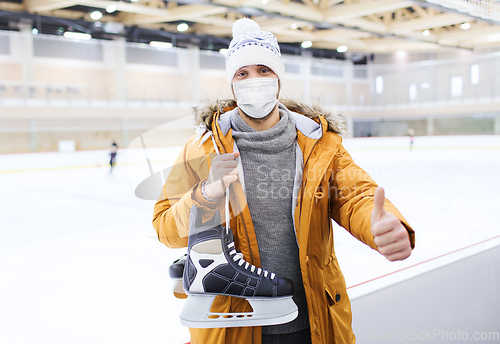 Image of man in mask showing thumbs up on skating rink