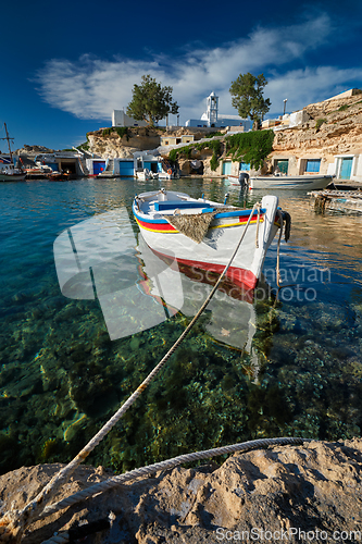 Image of Fishing boats in harbour in fishing village of Mandrakia, Milos island, Greece