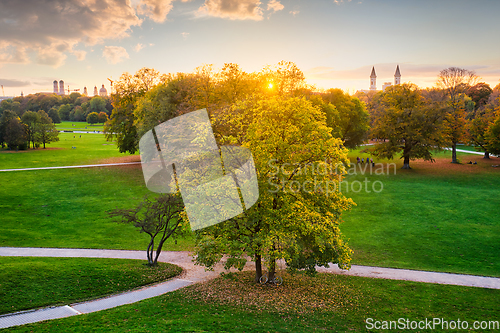 Image of Golden autumn fall October in famous Munich relax place - Englishgarten. Munchen, Bavaria, Germany