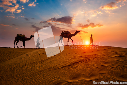 Image of Indian cameleers camel driver with camel silhouettes in dunes on sunset. Jaisalmer, Rajasthan, India