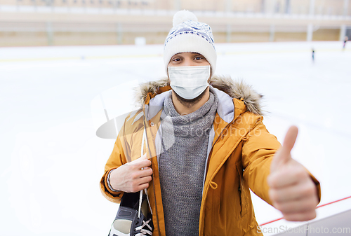 Image of man in mask showing thumbs up on skating rink
