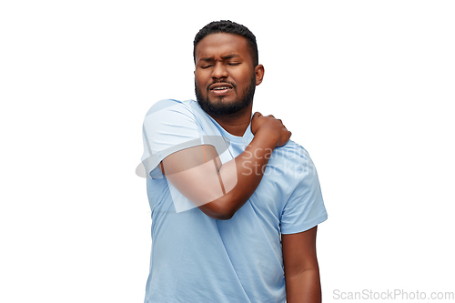 Image of african american man suffering from shoulder pain