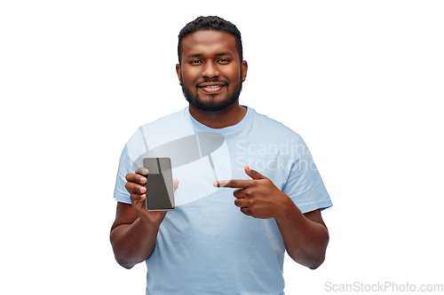 Image of happy african american man with smartphone