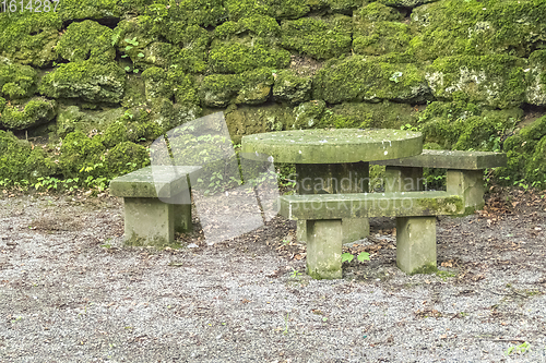 Image of overgrown stone benches and table