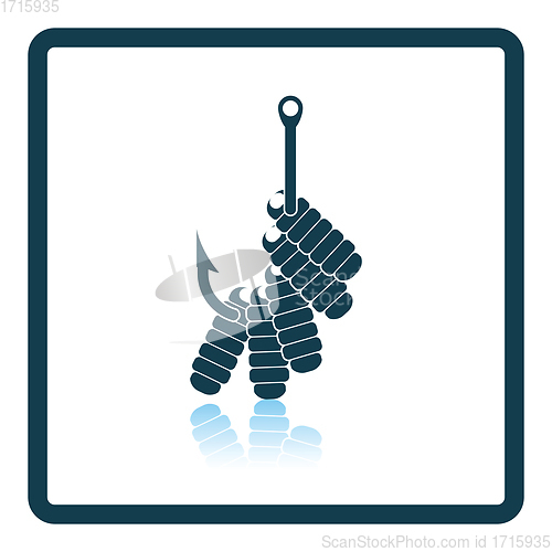 Image of Icon of worm on hook on gray background, round shadow