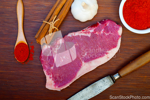 Image of raw uncooked  ribeye beef steak butcher selection