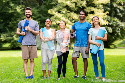 Image of group of happy people with yoga mats at park