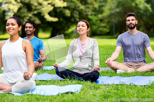 Image of group of people doing yoga at summer park