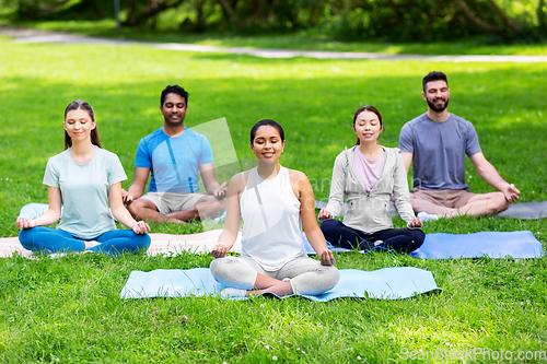 Image of group of happy people doing yoga at summer park