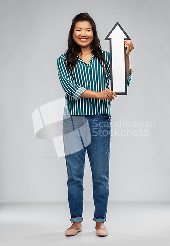 Image of happy smiling asian woman with arrow pointing up