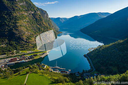 Image of Aurlandsfjord Town Of Flam at dawn.