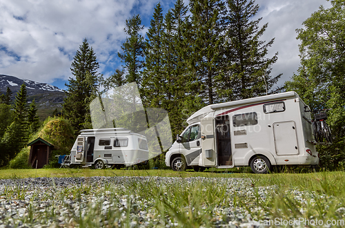 Image of Family vacation travel RV, holiday trip in motorhome