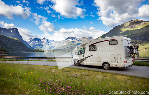 Image of Family vacation travel RV, holiday trip in motorhome