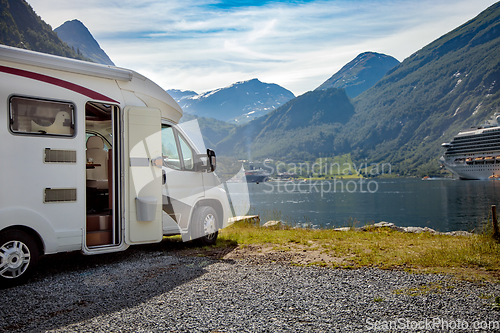 Image of Family vacation travel RV, holiday trip in motorhome