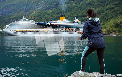 Image of Woman fishing on Fishing rod spinning in Norway.