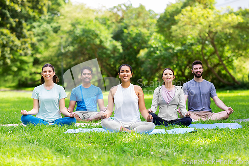 Image of group of happy people doing yoga at summer park